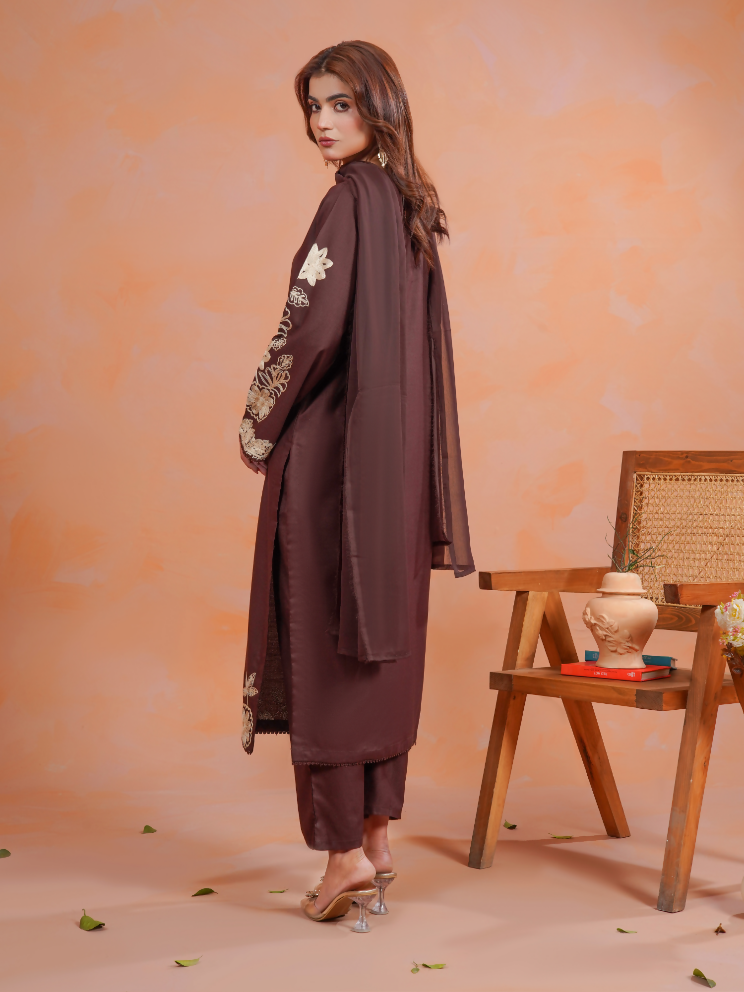 Tawakal Closet Dhanak Embroidered Stitched 3-Piece Suit-Brownish