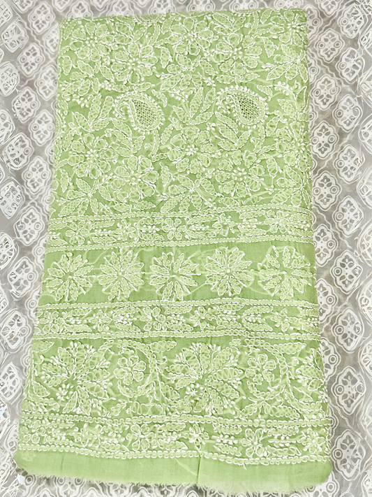 Fehm lawn shirt with fully embroidered Chikankari front, embroidered back with centre motif and booti, and embroidered sleeves with border and booti.