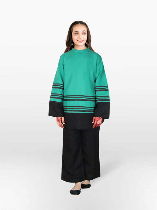 Sea Green and Black Velvour Girls Stitched 2-Piece Suit-VG128-A