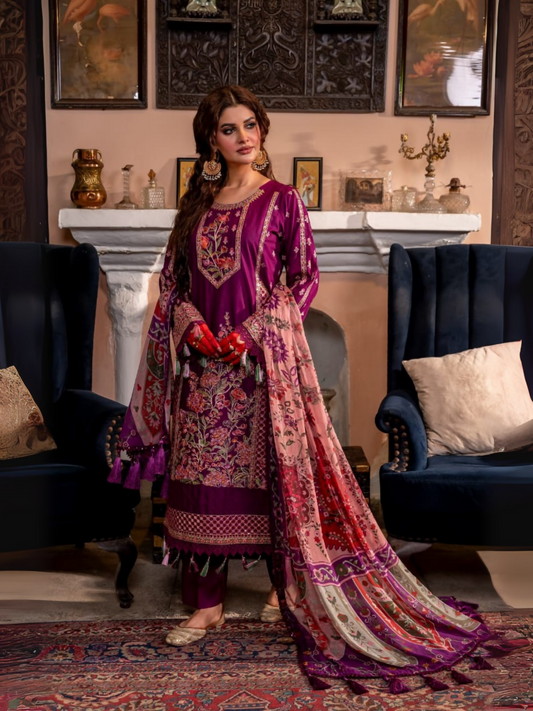 Fatima Hussain unstitched 3-piece suit with embroidered lawn multi-panel shirt, digital printed chiffon dupatta, and dyed cotton trouser.