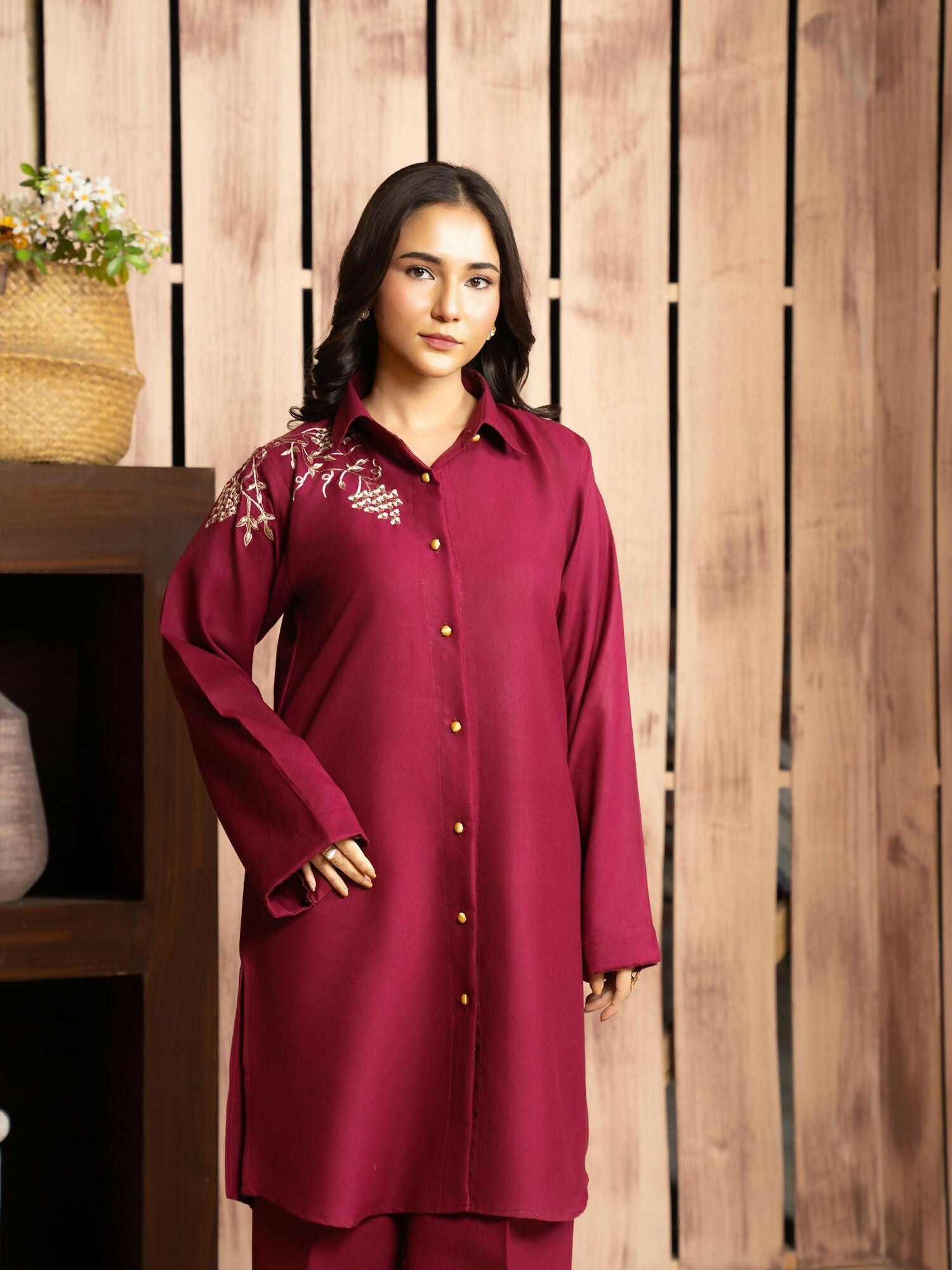 Panache Apparel Winter Core Linen Embroidered Co-Ord Set-Shine