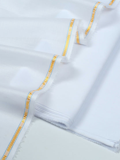 White unstitched men’s kameez shalwar by Fabrich, crafted from 100% lawn and Pima cotton blend for lightweight summer comfort and timeless elegance