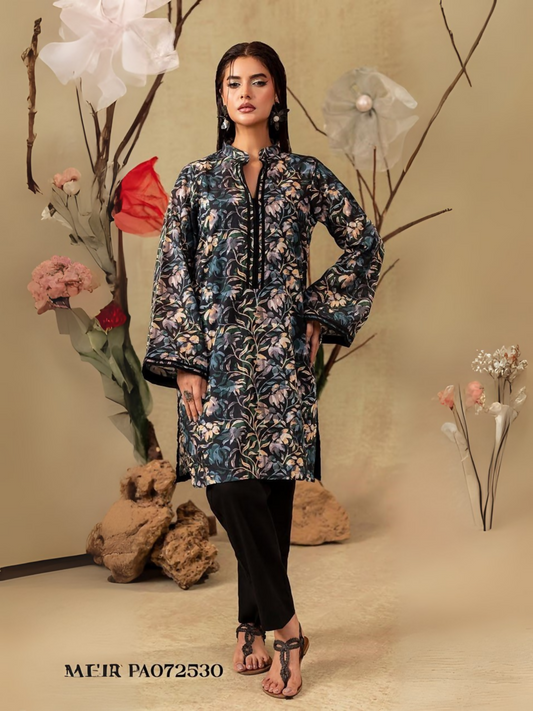 Unstitched 2-piece suit with black floral printed shirt and plain dyed black trouser, ideal for everyday wear.