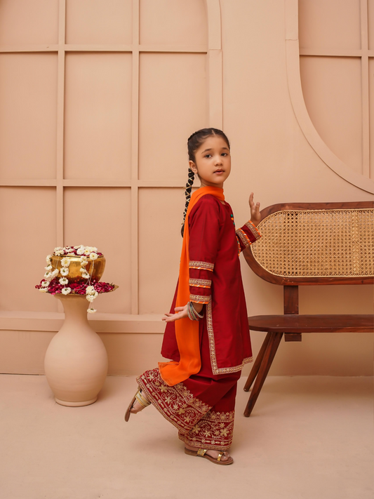 Kidoz Kloset Cotton Silk Embroidered Stitched 3-Piece Suit-Amber Mirage Trouser-Girl