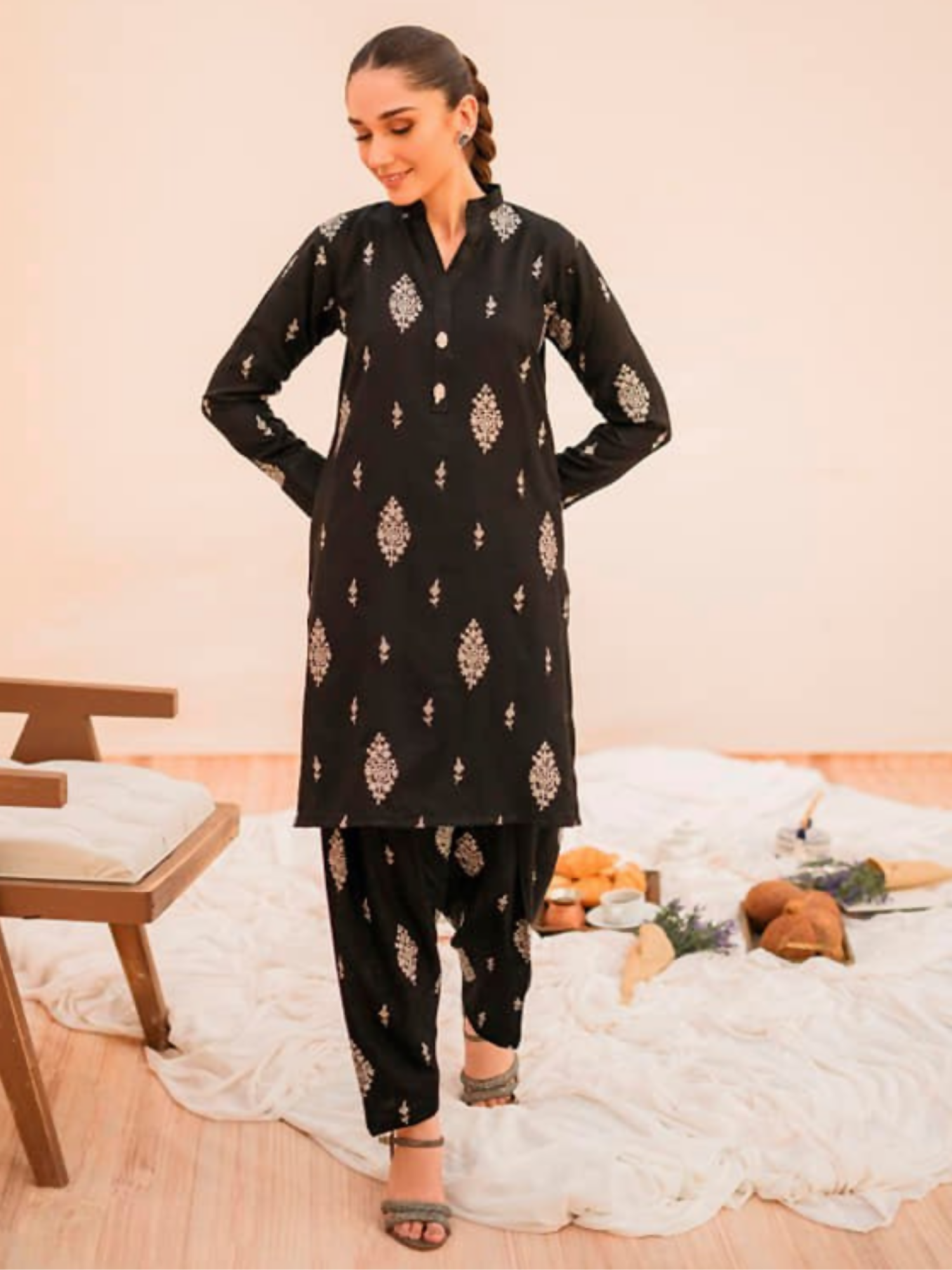 Black Panache Apparel Monochrome Tales Cotton Embroidered Stitched 2-Piece Suit-Ethnic