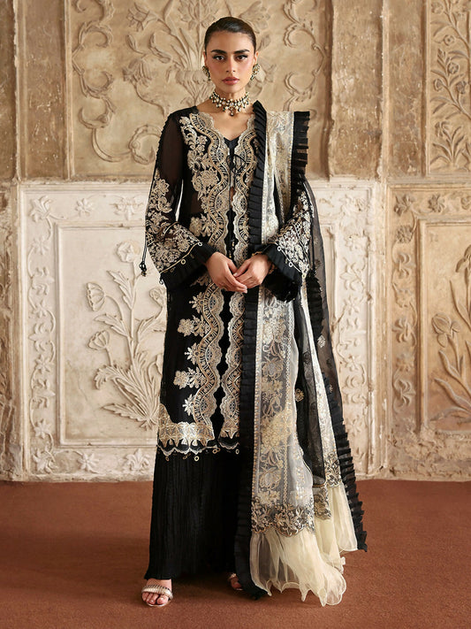 Black Parishay Jahanara Luxury (Formals) Chiffon Embroidered Unstitched 3-Peice Suit-JRA - 09
