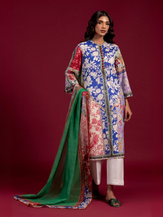 Unstitched 2-piece suit by Sana Safinaz with digitally printed lawn shirt and digital printed monarc dupatta.