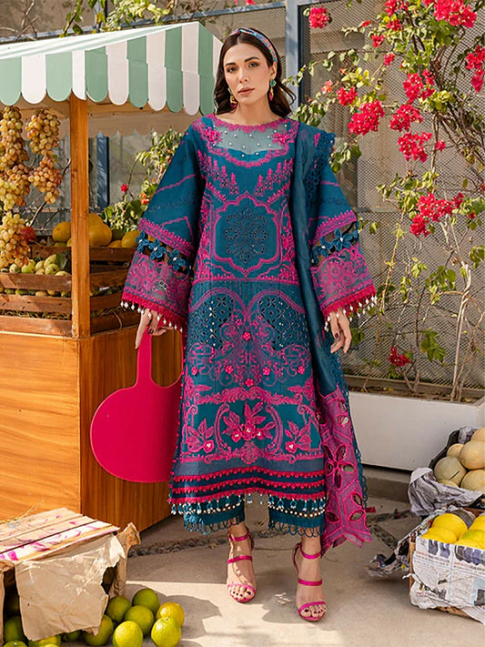 Unstitched 3-piece suit with embroidered lawn shirt, front and back neckline embroidery, slub net dupatta with organza pallus, and dyed cambric trouser, ideal for refined festive wear.
