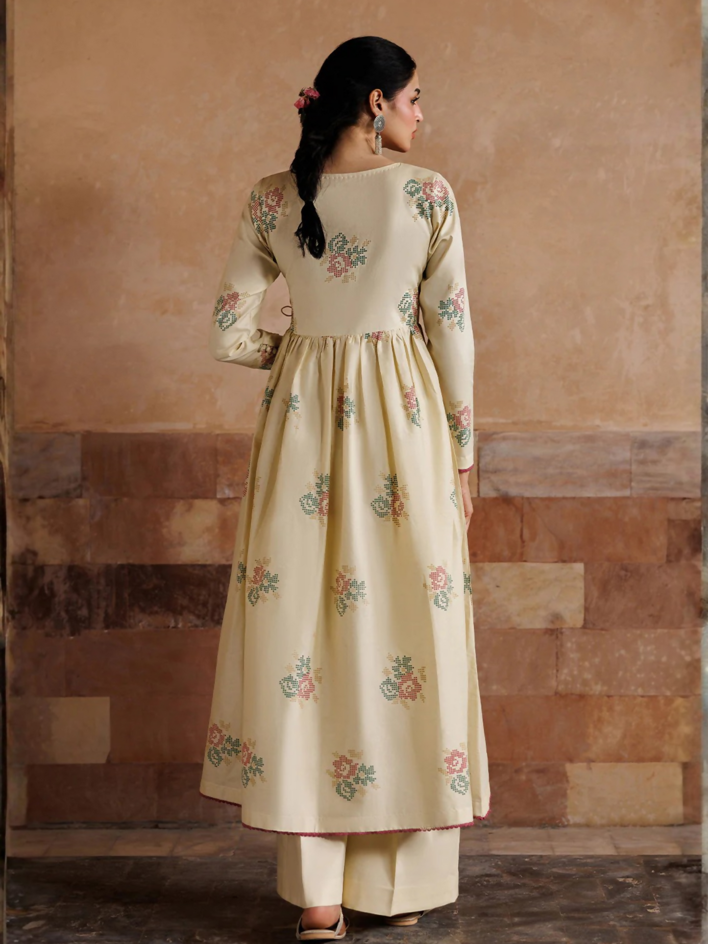 Cream Panache Apparel Noor Mahal Cotton Printed Stitched Suit-Noorzaad