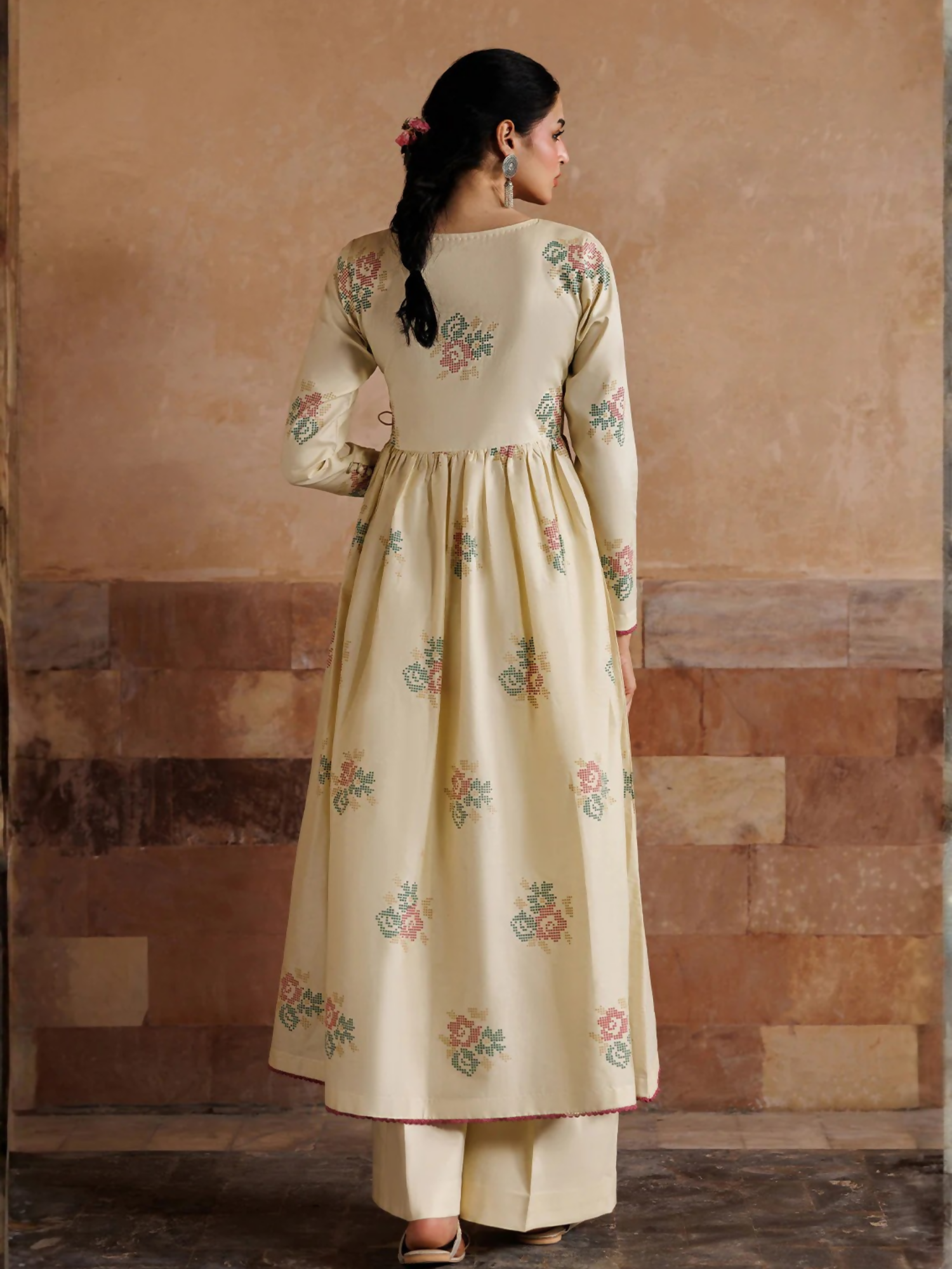 Cream Panache Apparel Noor Mahal Cotton Printed Stitched Suit-Noorzaad