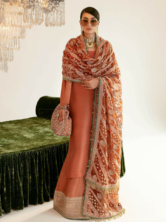 Jugnu by Hussain Rehar peach raw silk shirt with embellished palazzo pants and embroidered net dupatta