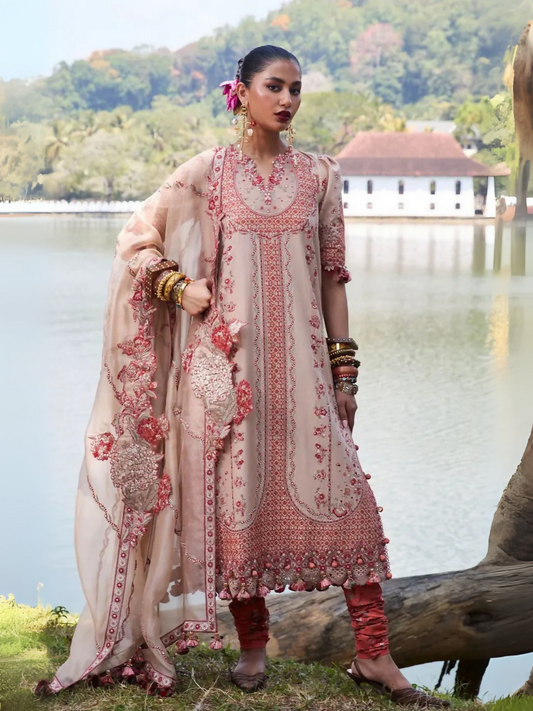 Beige Hussain Rehar Luxury Lawn Embroidered Unstitched 3-Piece Suit-Mari