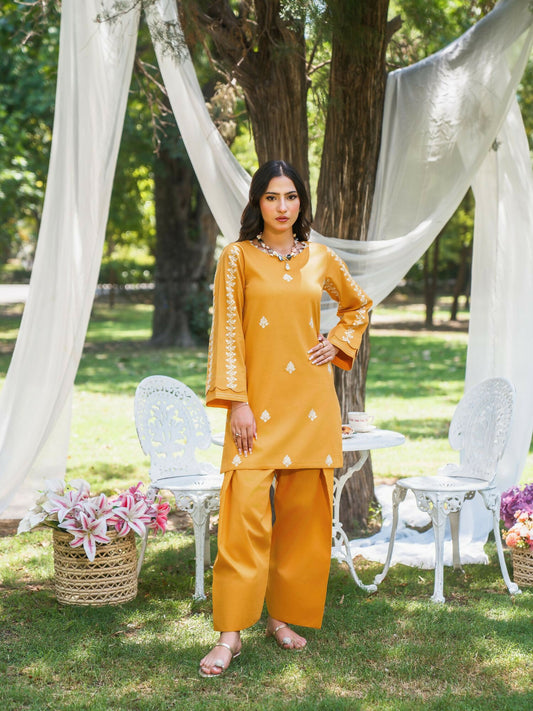 Mustard stitched two-piece suit with embroidered front and sleeves, pearl accents, running stitch details, paired with farshi shalwar by Sehrish Kanwal.