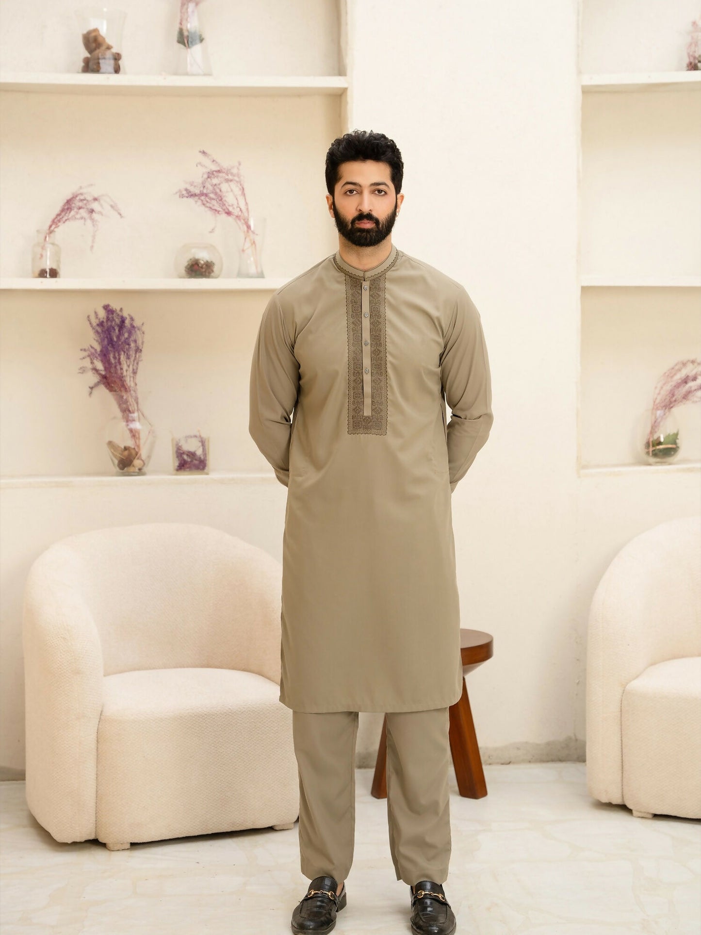 Fabrich Men Wash & Wear Embroidered Unstitched Shalwar Kameez-Olive-Khaki