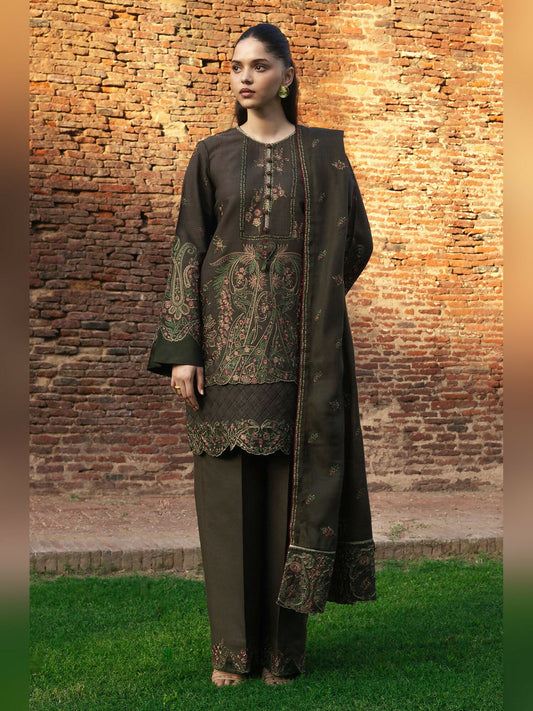 Olive Green Zara Shahjahan Luxury Khaddar Embroidered Unstitched 3-Piece Suit-ZOHREH-D5