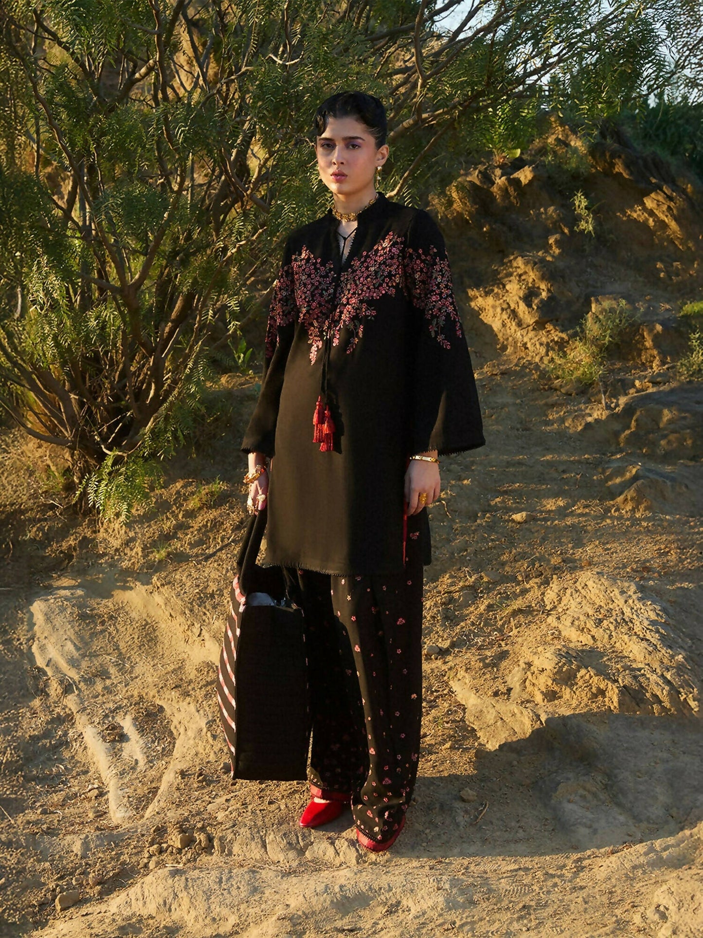 Jugnu by Hussain Rehar AW'24 Karandi Embroidered Trench Coat-Ayra