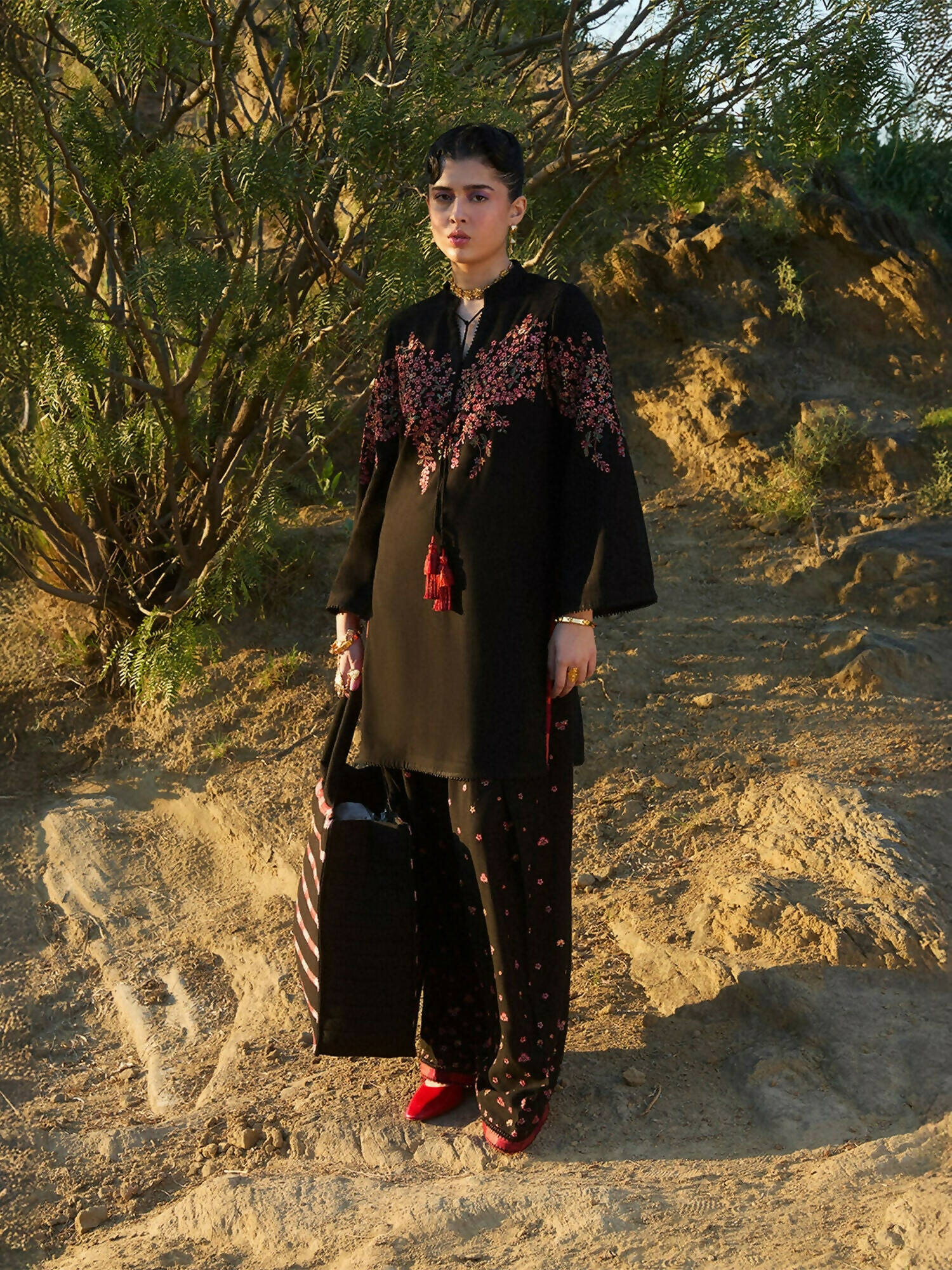 Jugnu by Hussain Rehar AW'24 Karandi Embroidered Trench Coat-Ayra