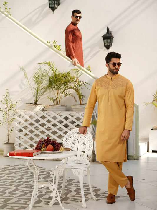 Blonde Fabrich Men Embroidered Cotton Unstitched Shalwar Kameez-GTS-MCE-016