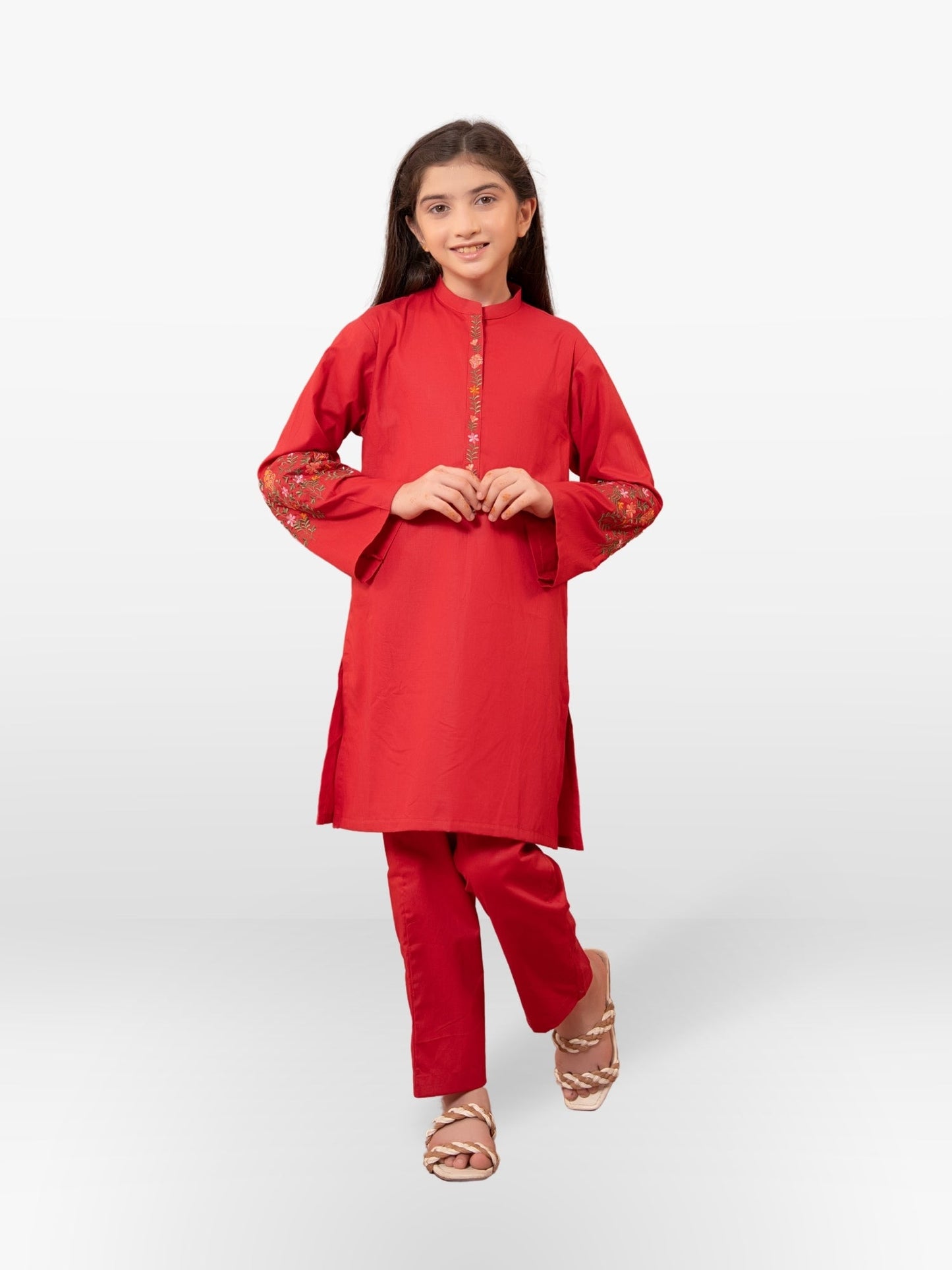 Velvour Girls Cotton Embroidered Stitched 2-Piece Suit-VG91-B