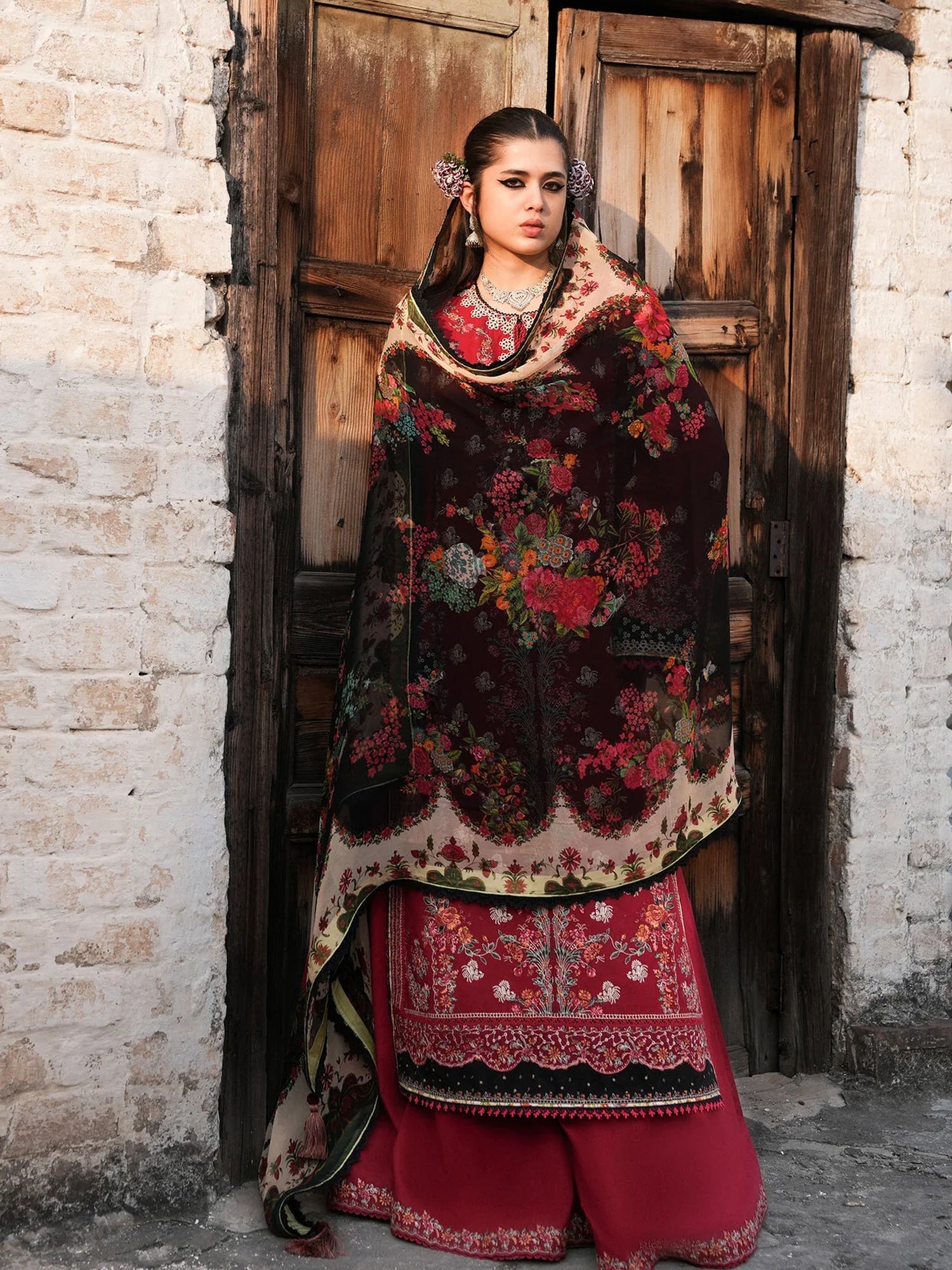Red Hussain Rehar Barmala Pret'26 Embroidered 3-Piece Suit-Surkh-e-Laleh