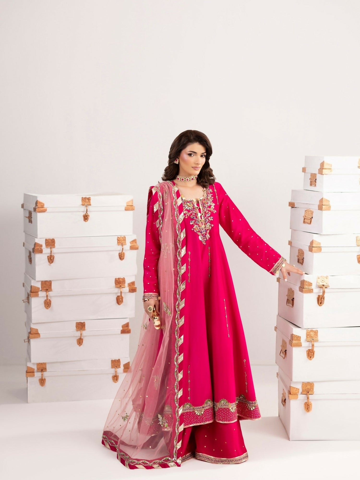 Shurooq Echoes In Bloom Silk Embellished Stitched 3-Piece Suit-Fuschia Flame