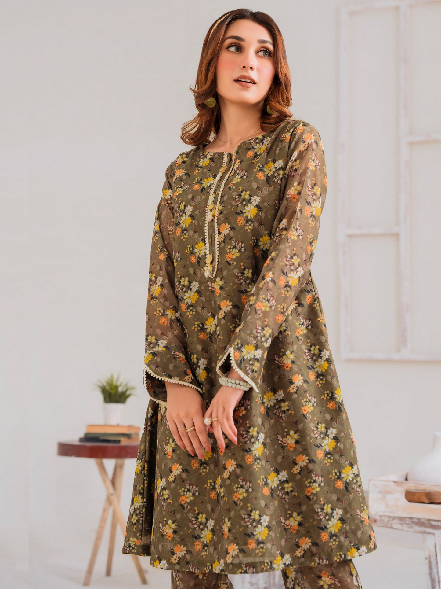 Panache Apparel Chambray Katan Printed Stitched 2-Piece Suit-Evergreen