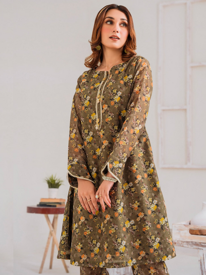 Panache Apparel Chambray Katan Printed Stitched 2-Piece Suit-Evergreen