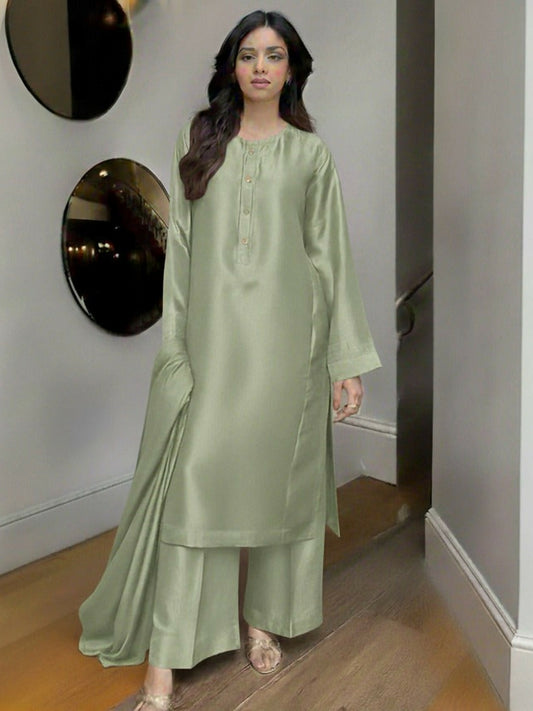 HU Studios Silk Stitched 3-Piece Suit-Sabza-E-Jamal
