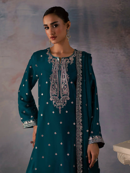 Allure By IH Be-My-Guest Thai Silk Embroidered Stitched 3-Piece Suit-Pine