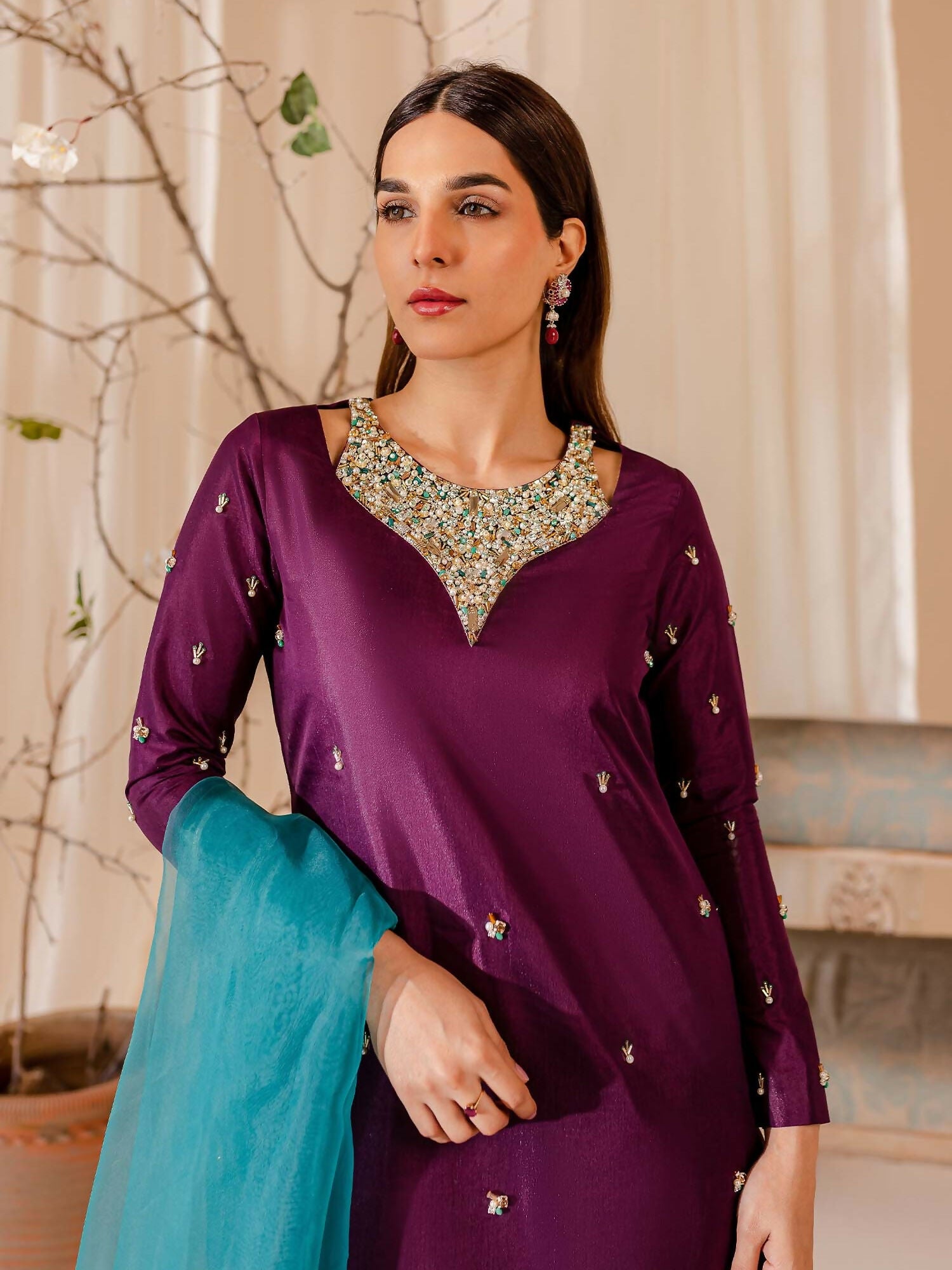 Allure By IH Raw Silk Embellished Stitched 3-Piece Suit-Twilight