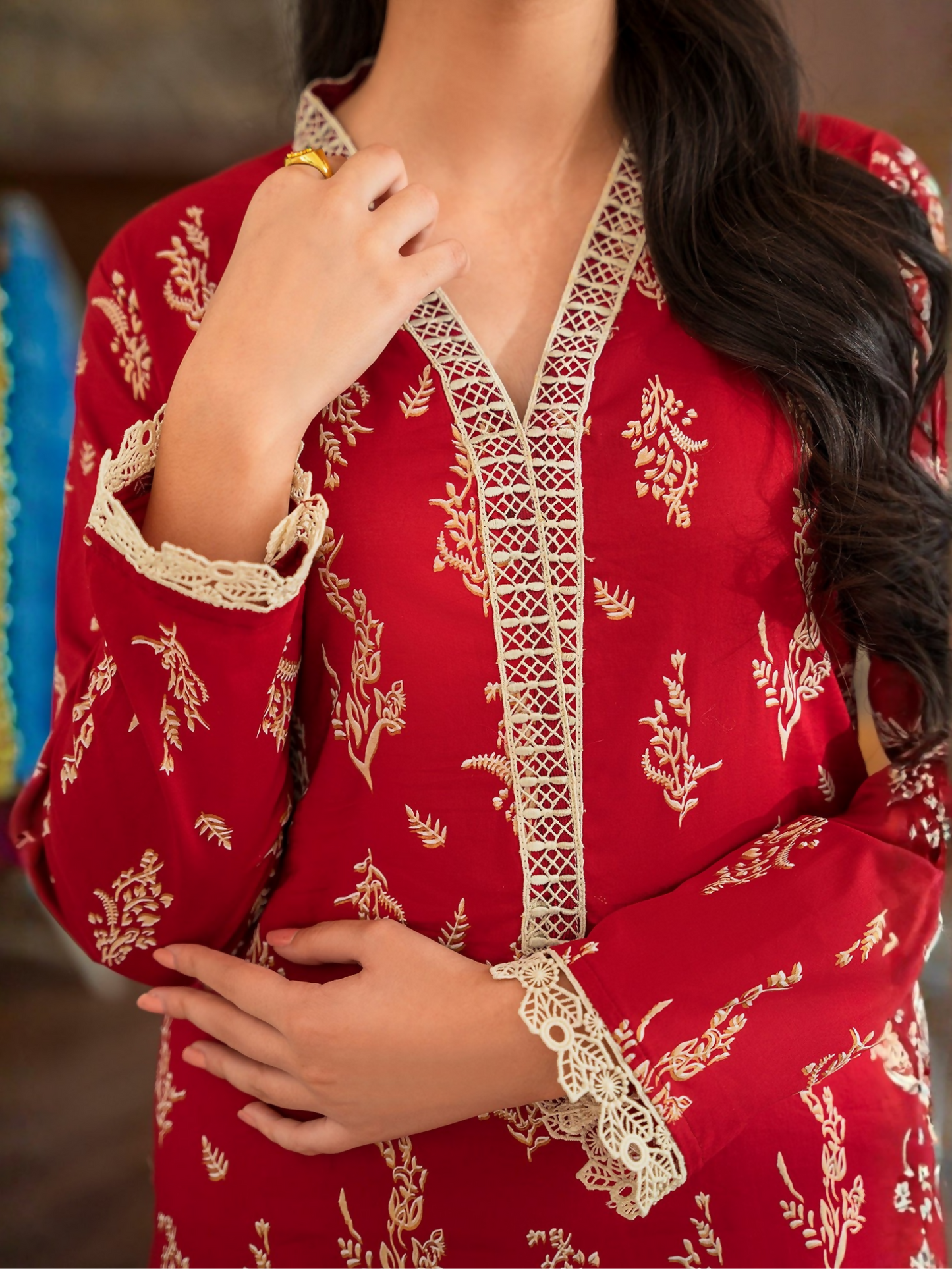 Panache Apparel Floral Fusion Cotton Lawn Printed Stitched 2-Piece Suit-Garnet