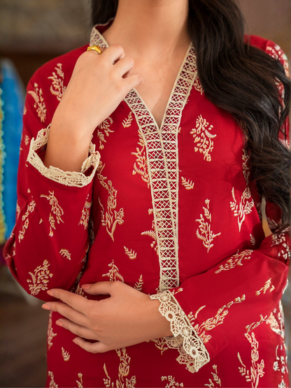 Panache Apparel Floral Fusion Cotton Lawn Printed Stitched 2-Piece Suit-Garnet