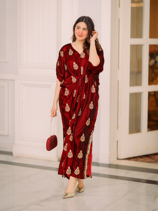 Panache Apparel Velvet Edit Micro Velvet 9000 Embroidered Kaftan-Surkh Kaftan