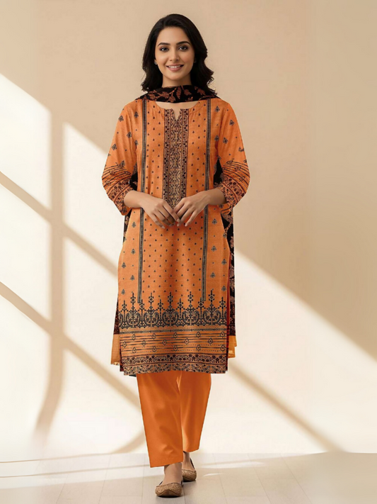 Model wearing a vibrant orange and black digitally printed unstitched 3-piece lawn suit by Fatima Maryam, featuring a straight-cut shirt with intricate motifs, matching premium cotton trouser, and printed voile dupatta.