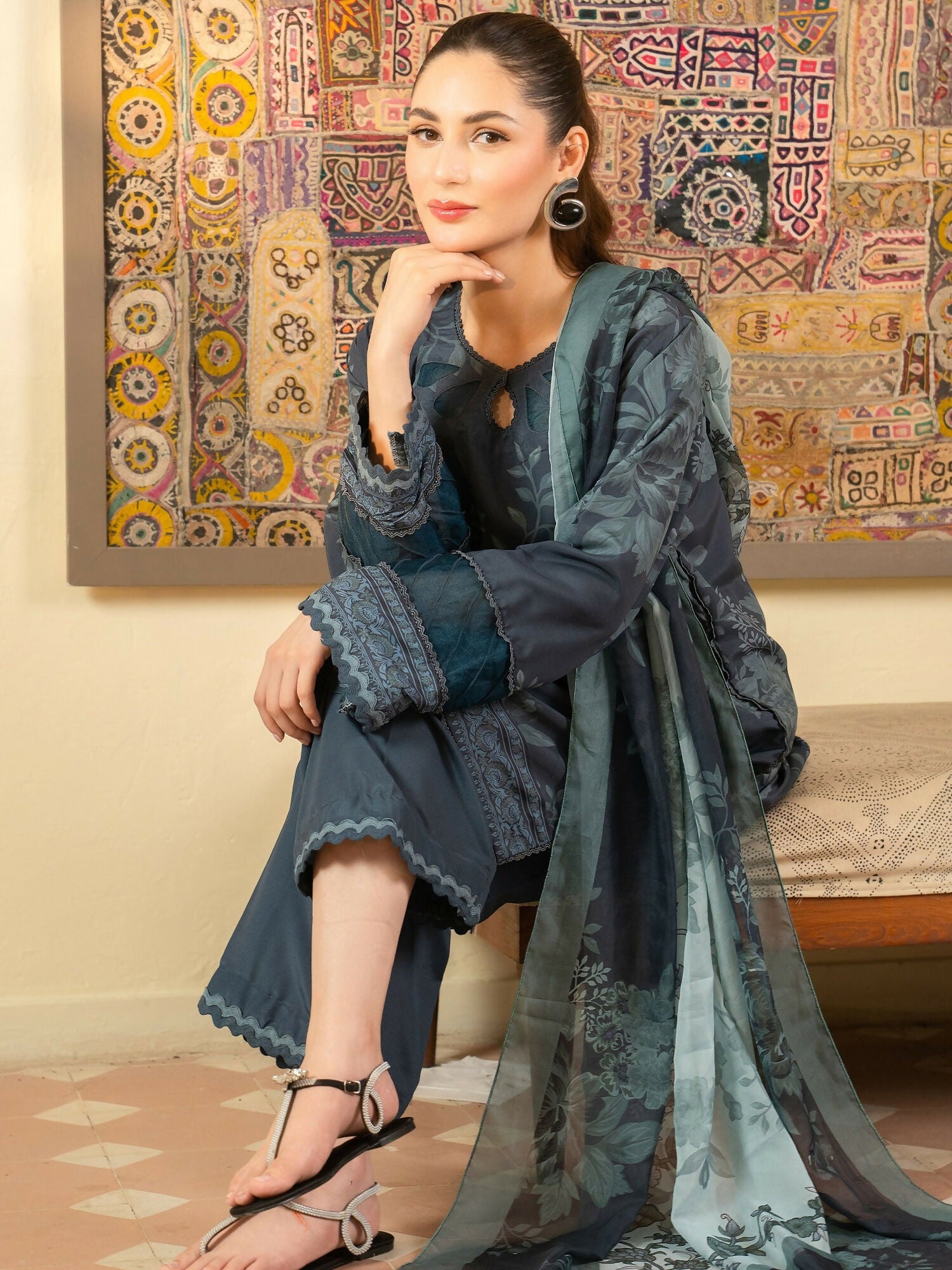 Panache Apparel Mah-e-Noor Khaddar Printed Stitched Suit-Slate