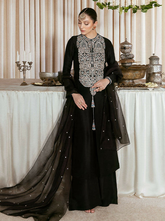 Hussain Rehar – Black Raw Silk Embellished Shirt with Flapper Pant and Organza Dupatta