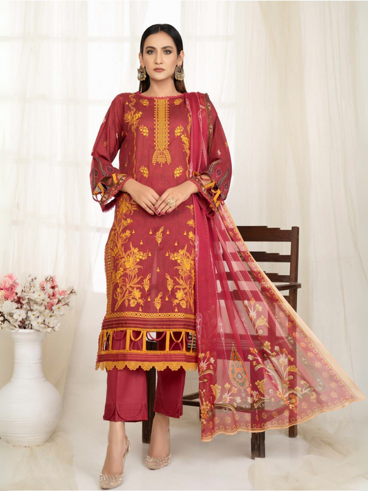 Red Sitara Lawn Embroidered Unstitched 3-Piece Suit-127