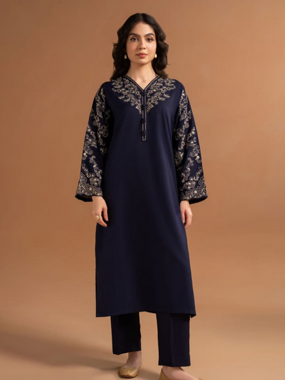 Stitched 2-piece summer lilen suit with embroidered shirt and plain trouser from Tehzeeb Libas.