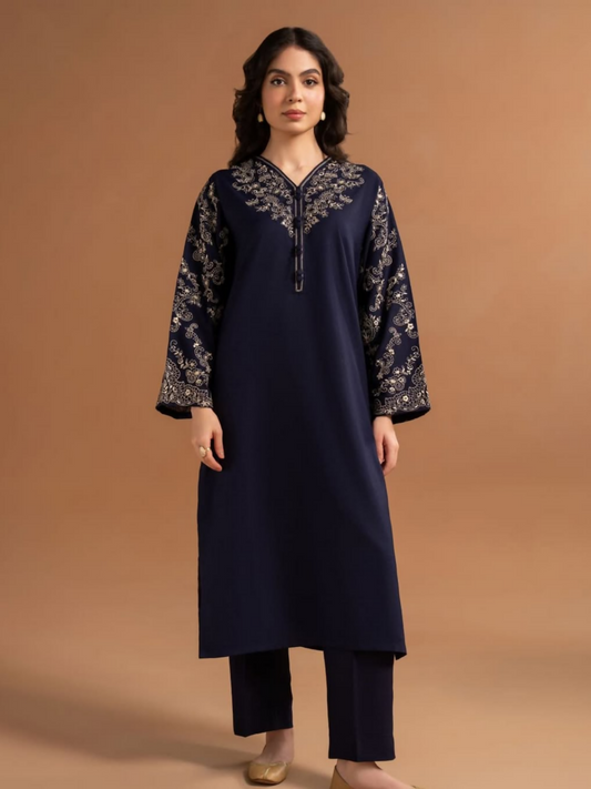 Stitched 2-piece summer lilen suit with embroidered shirt and plain trouser from Tehzeeb Libas.