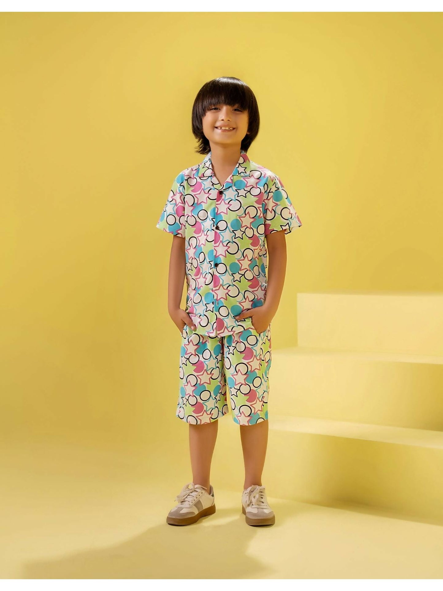 White with Multi Color, Velvour Boys & Girls Printed Co-ord Set-VC09