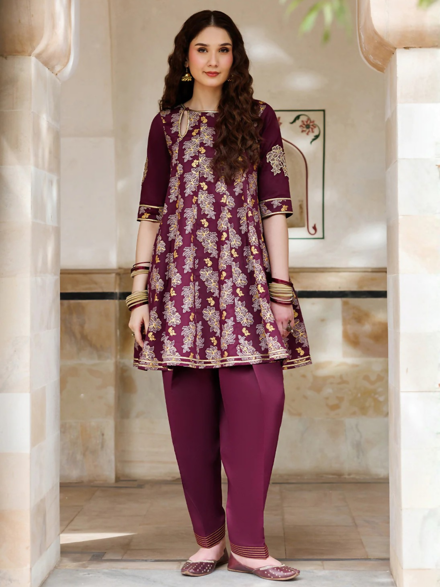 Maroon Panache Apparel Noor Mahal Cotton Printed Stitched Suit-Seraya