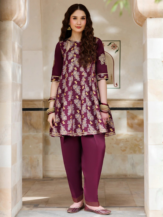 Maroon Panache Apparel Noor Mahal Cotton Printed Stitched Suit-Seraya