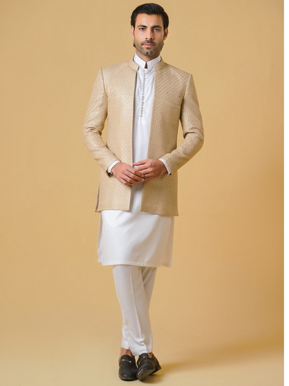 Gem Garments Janaan Raw Silk Embroidered Prince Coat-Naqsh