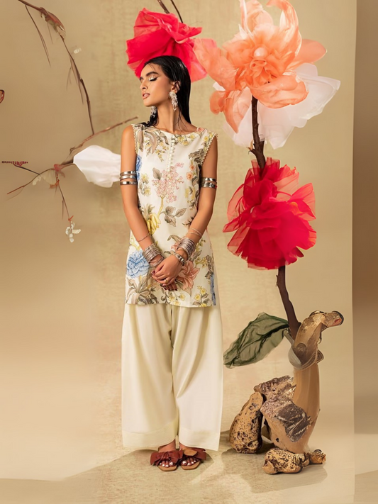 Unstitched 2-piece suit featuring a printed shirt and dyed trouser, ideal for everyday casual wear