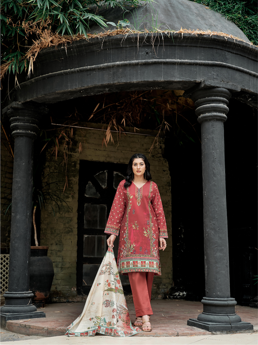 Unstitched 3-piece suit featuring a rust-red digital printed lawn shirt, coordinated floral printed lawn dupatta, and solid dyed trouser.