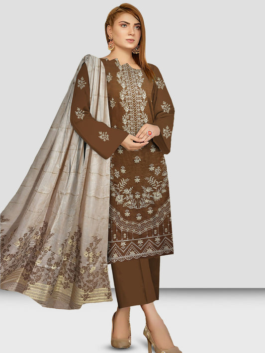 Fully embroidered shirt with plain trousers and a woven jacquard dupatta.