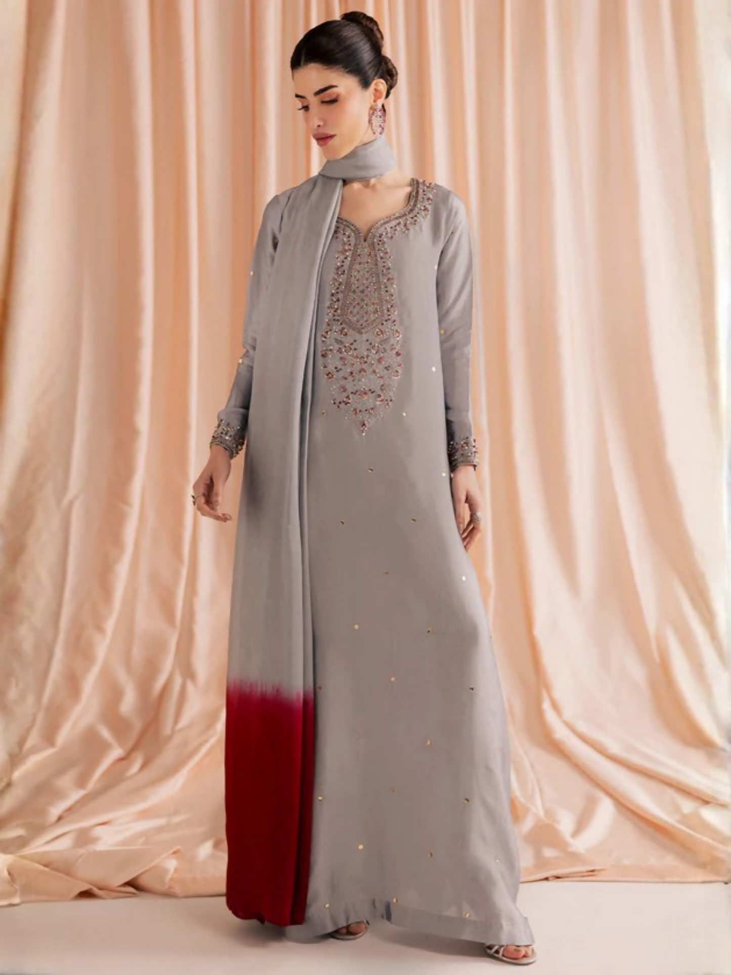 Allure By IH Silver Night Tussel Silk Embroidered Kaftan Set-Ether