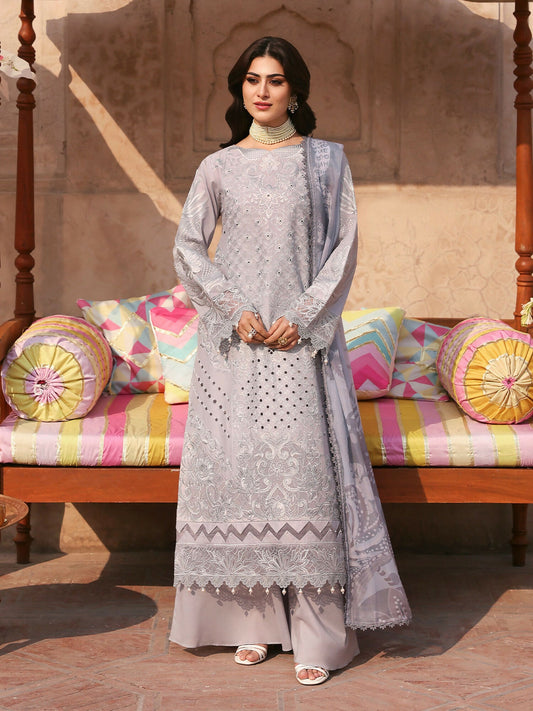 Unstitched 3-piece lawn suit from Mahnur Husn-e-Jahan collection with embroidered shirt, printed silk dupatta, and dyed trouser.