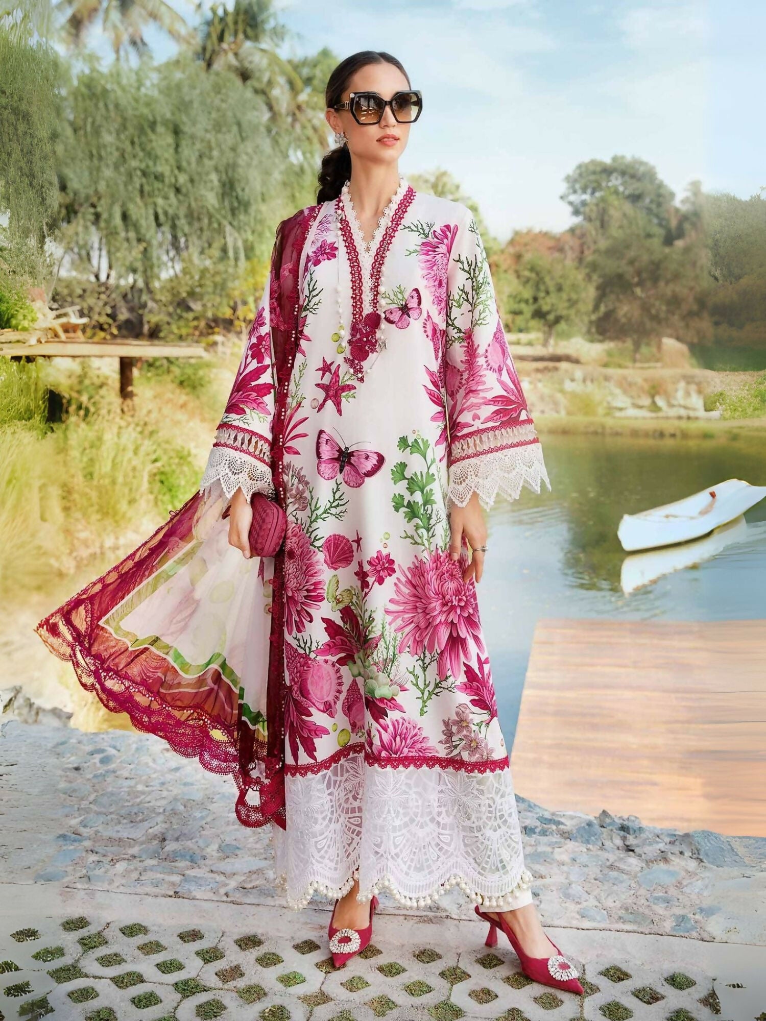 Maria.B white and pink printed lawn outfit with embroidered organza patti, buttons, and lace.
