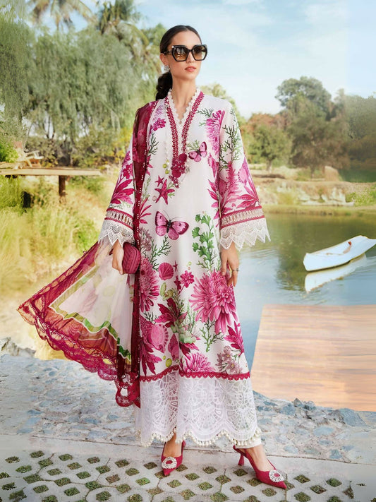 Maria.B white and pink printed lawn outfit with embroidered organza patti, buttons, and lace.